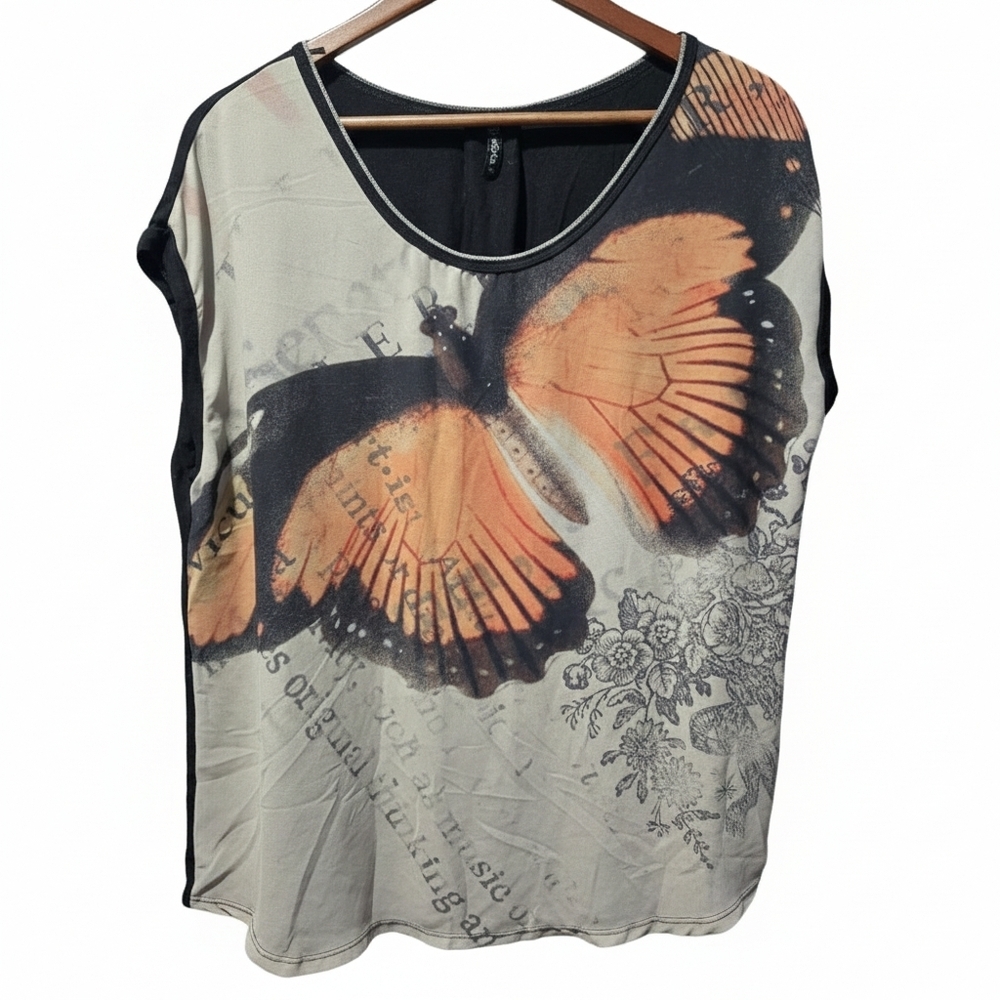 Butterfly Print Women's Shirt - Black and Orange Cap Sleeve Y2K Size XL - Picture 2 of 7